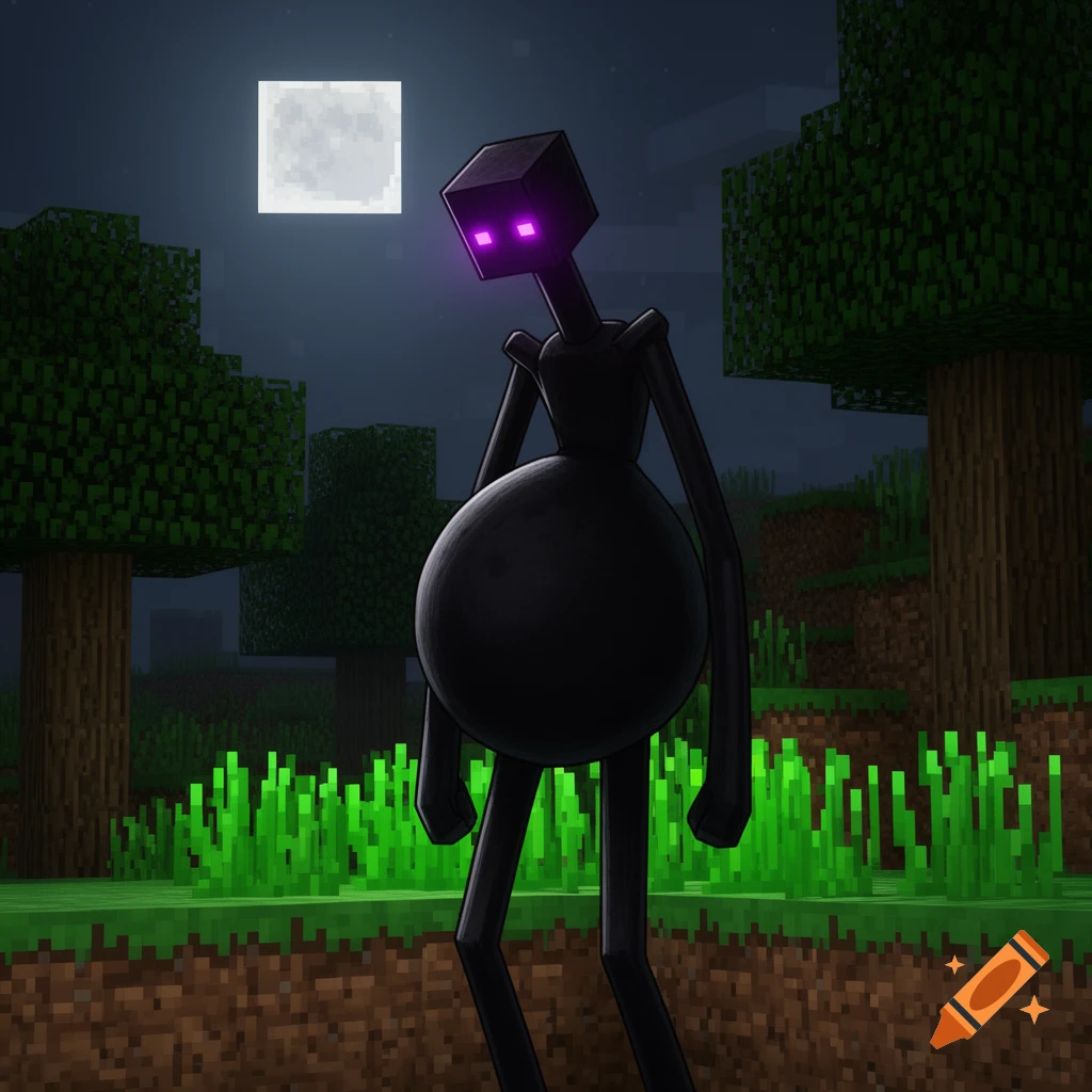 A stylized Minecraft Enderman with a large round belly and glowing purple eyes stands in a pixelated forest at night under a square moon.