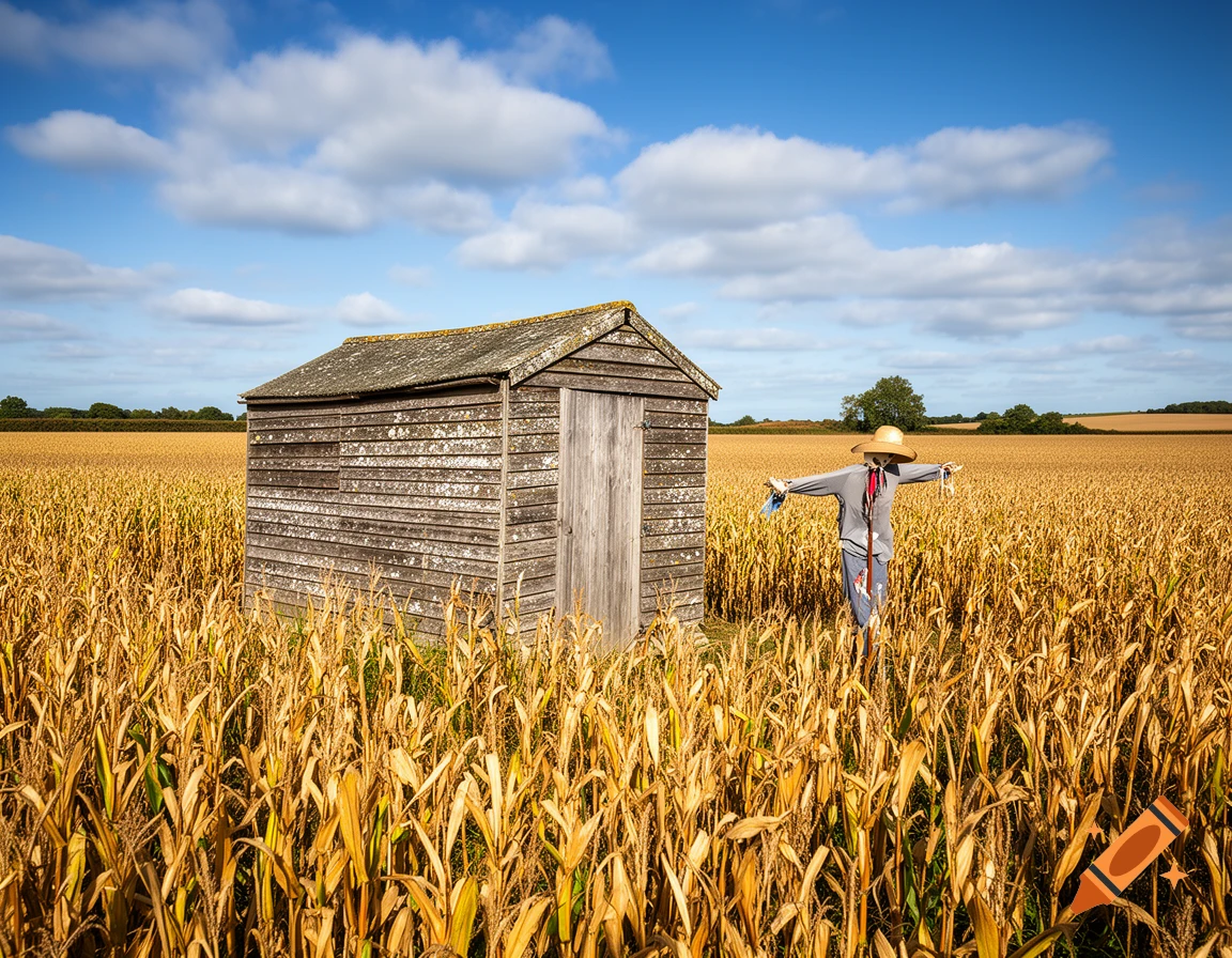A wooden shed and a scarecrow stand in a golden cornfield under a blue sky with clouds.