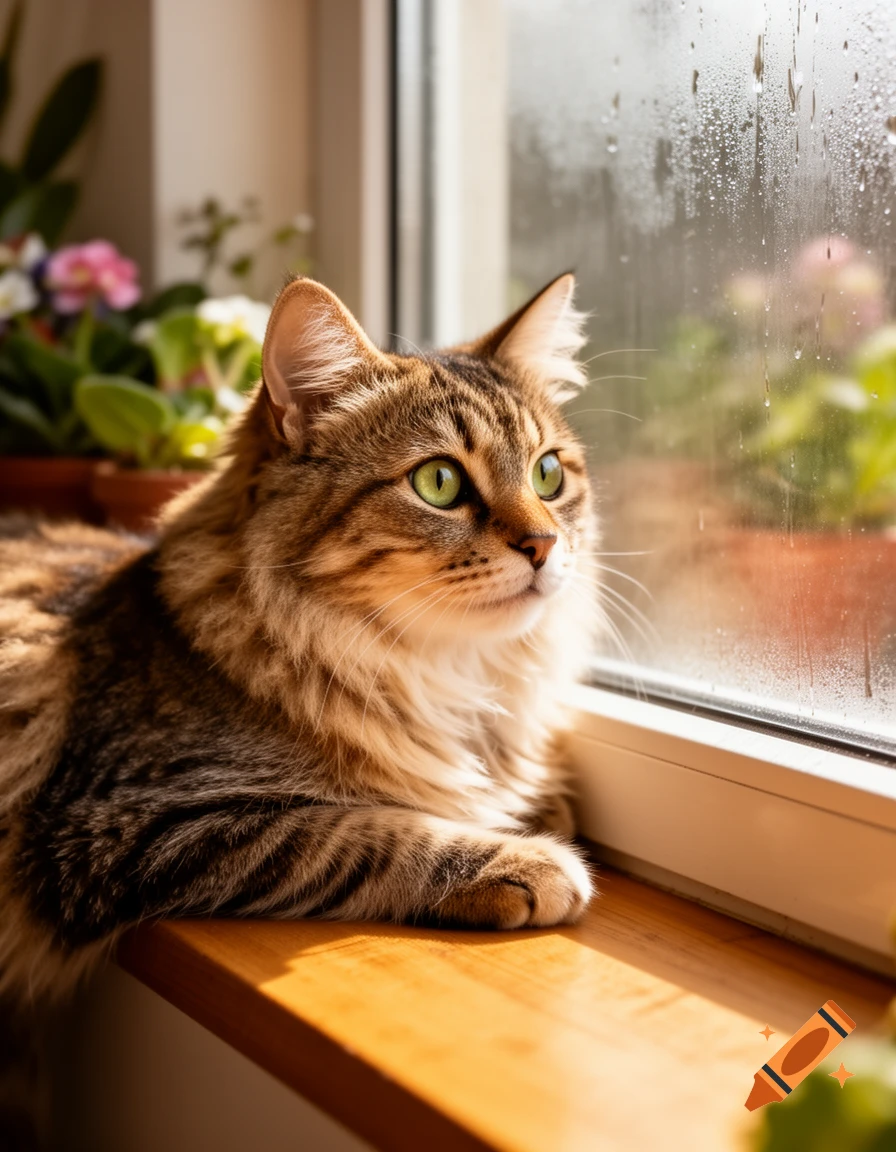 A photorealistic tabby cat with bright green eyes looks out a wet window, resting on a wooden windowsill with plants in the background.
