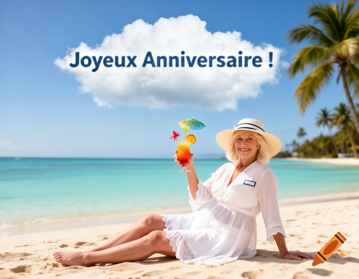A smiling elderly woman in a hat sits on a sunny beach with a cocktail. A cloud above reads "Joyeux Anniversaire!"