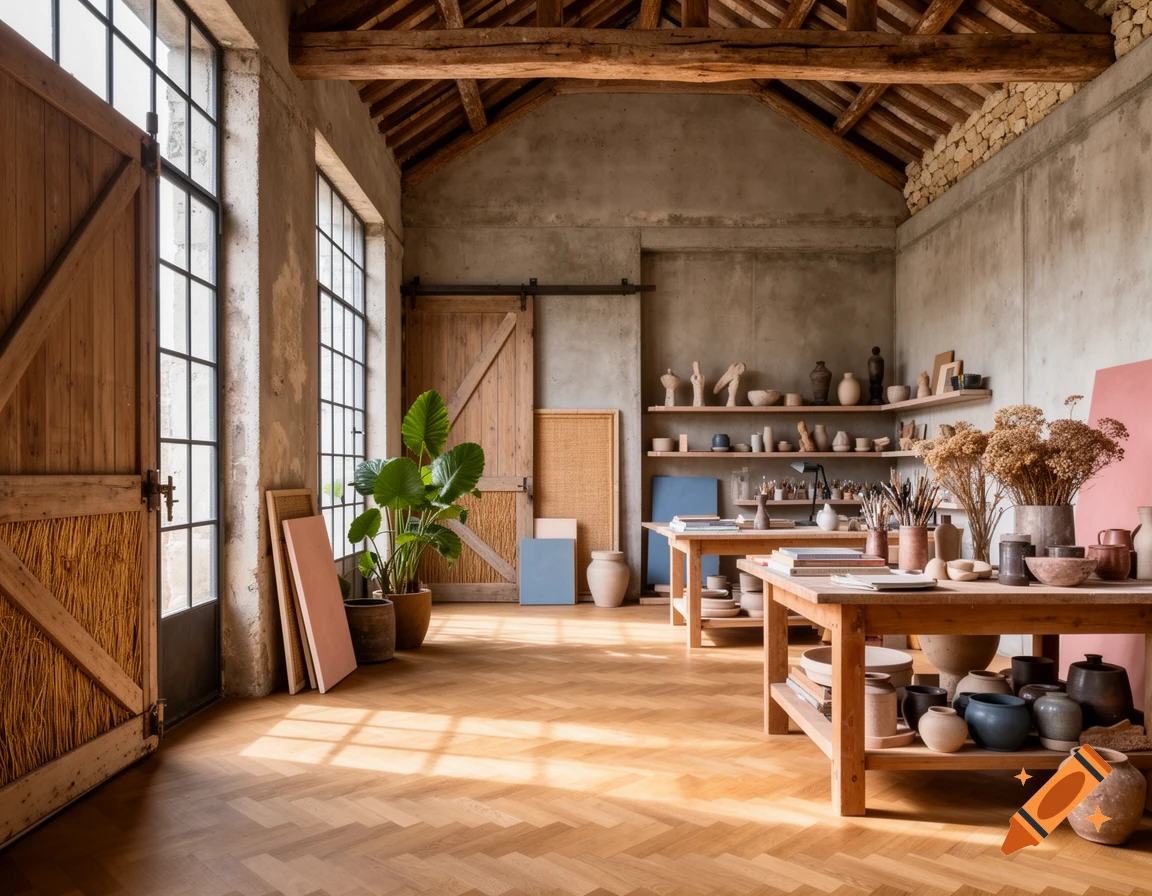 Photorealistic image of a spacious artist's studio in a rustic barn, with large windows, wooden tables, ceramic pottery, and plants.