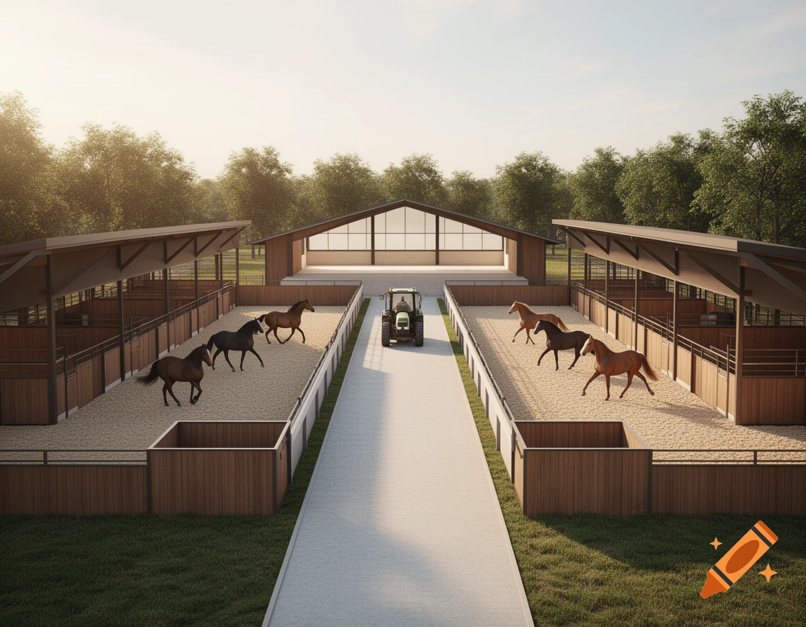 A modern horse stable with two sandy paddocks housing several horses, separated by a concrete path leading to a main building with a tractor parked. Photorealistic style.