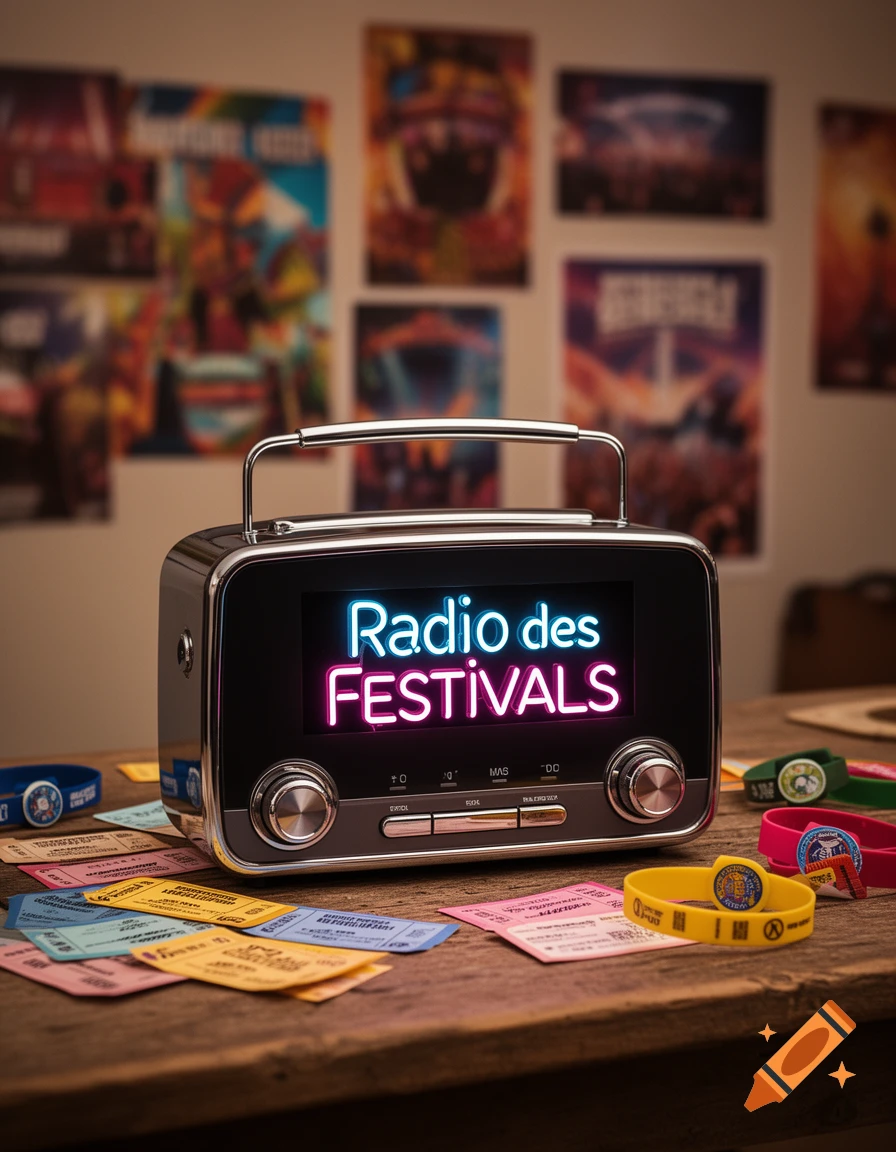 A retro-style radio with neon 'Radio des FESTIVALS' text, surrounded by festival tickets and wristbands on a wooden table.