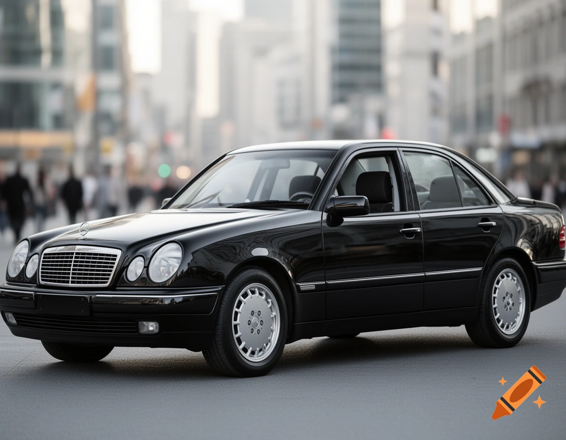 A black Mercedes Benz W210 E-class sedan with chrome grille and silver multi-spoke wheels, parked on a city street.