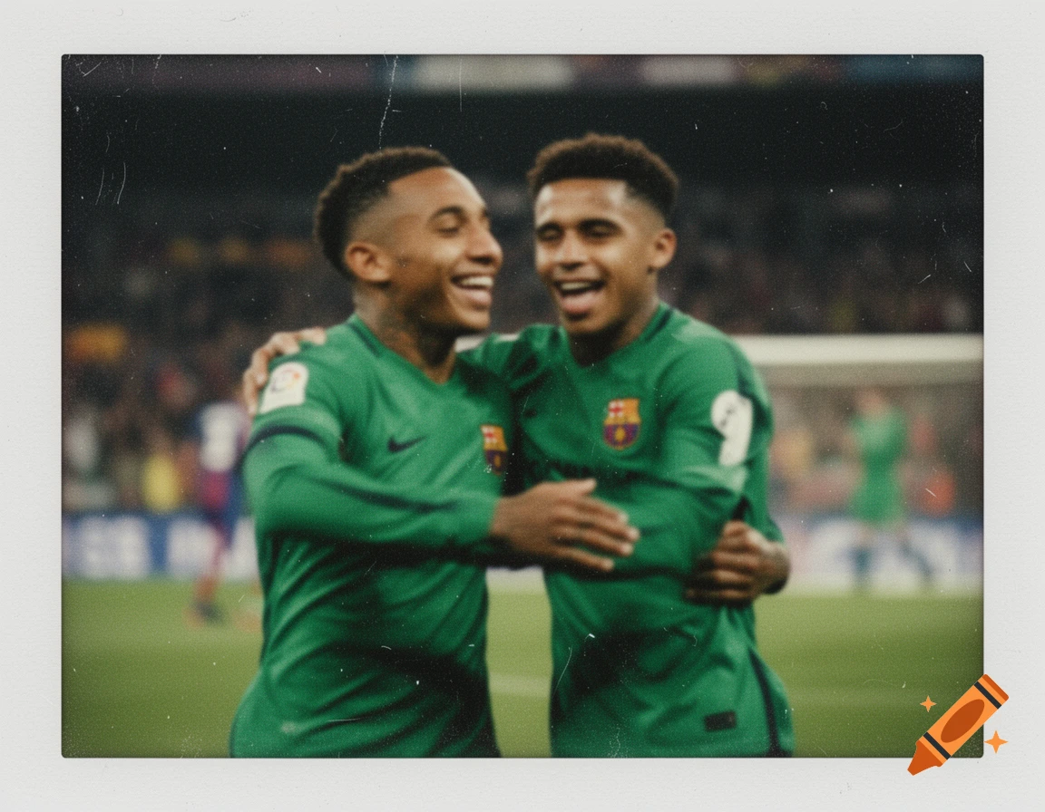 Vintage-style photo of two footballers in green jerseys hugging and smiling on a pitch, celebrating a goal with a grainy, faded look.