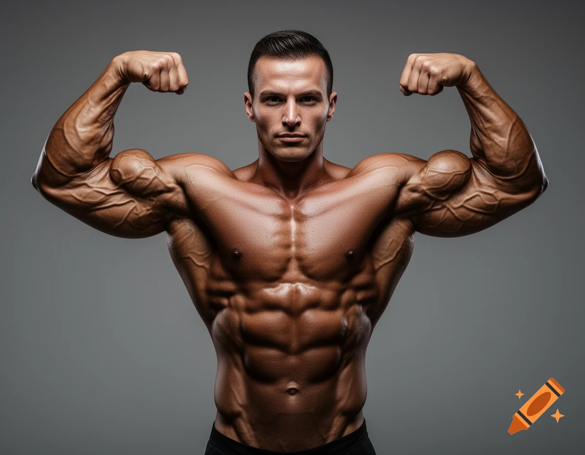 A very muscular male bodybuilder flexing his biceps and chest muscles, facing forward against a plain grey background.