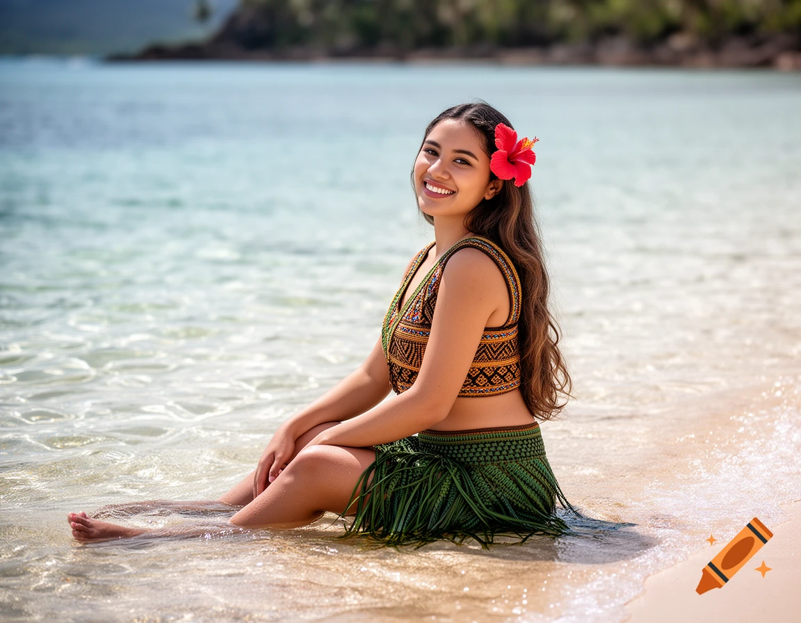 A smiling young woman in traditional Maori attire with a hibiscus flower in her hair sits on a beach with her feet in clear water.