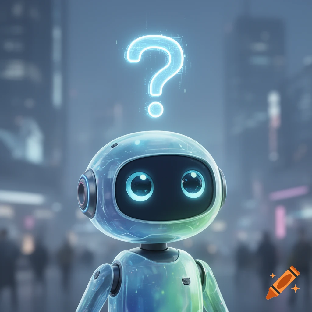 Cute transparent robot with a glowing question mark over its head in a futuristic city, digital art.