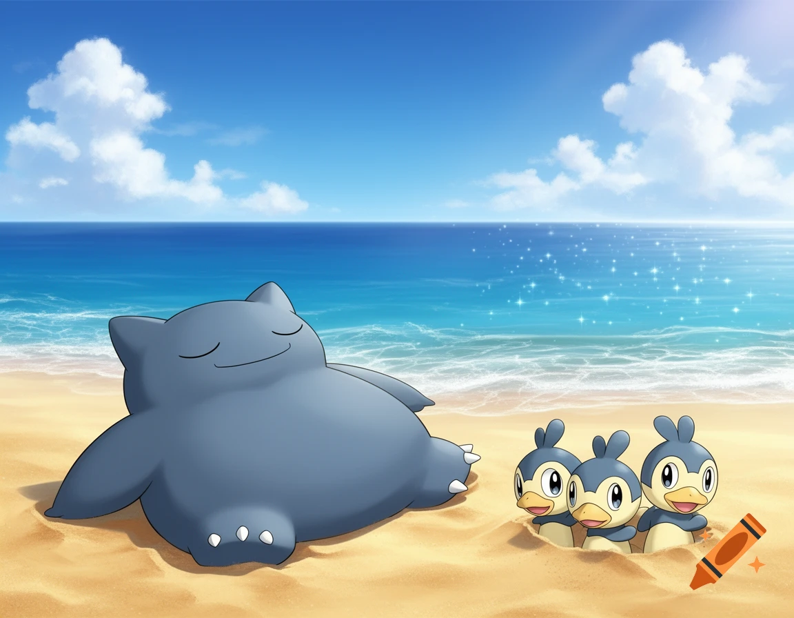 Snorlax sleeps peacefully on a sandy beach next to three small bird-like Pokémon peeking from the sand, under a clear blue sky.
