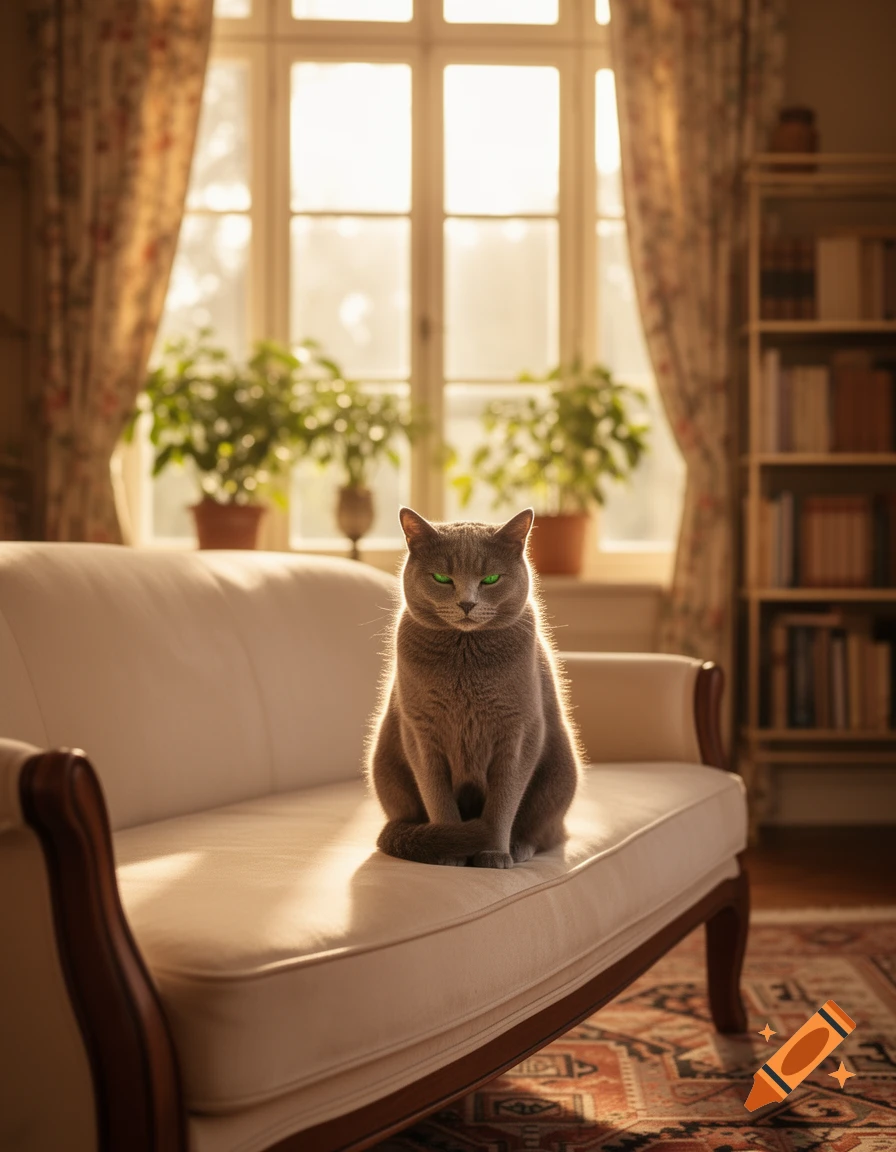 A grey cat with glowing green eyes sits on a white couch, backlit by sunlight streaming through a window.