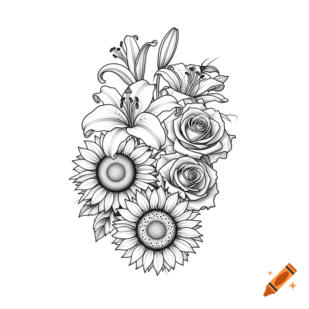 Black and white line art illustration of a floral bouquet featuring lilies, roses, and sunflowers.