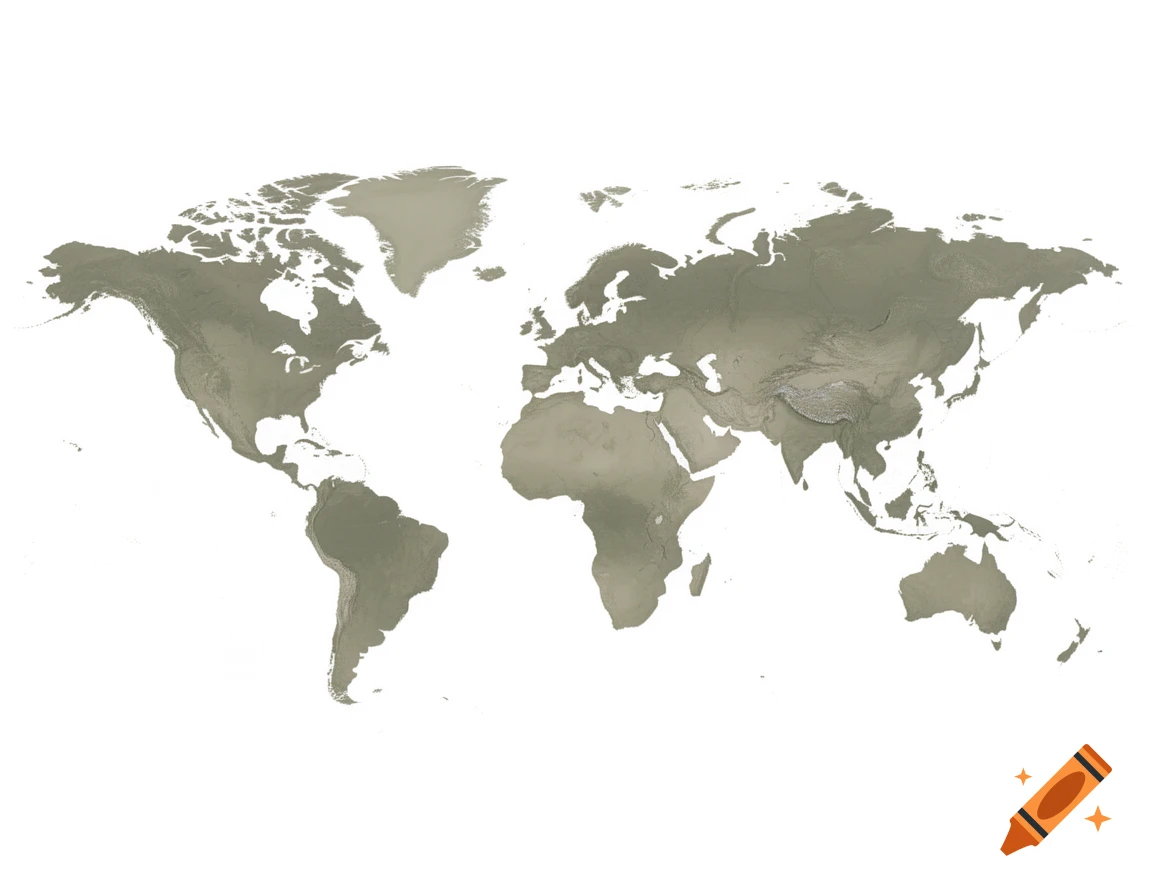 A minimalist world map with muted olive-grey landmasses and softened borders on a white background.
