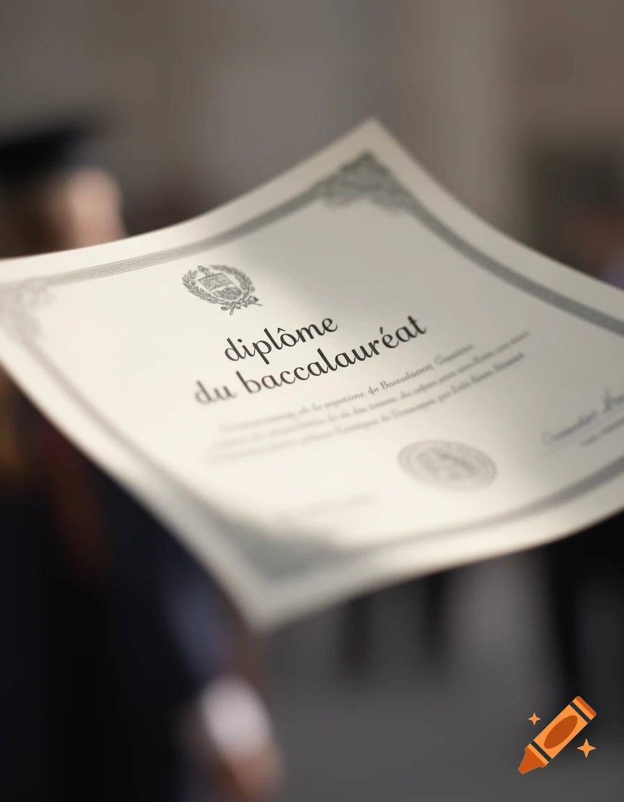A close-up of a white baccalaureate diploma, held at an angle with a blurred background.