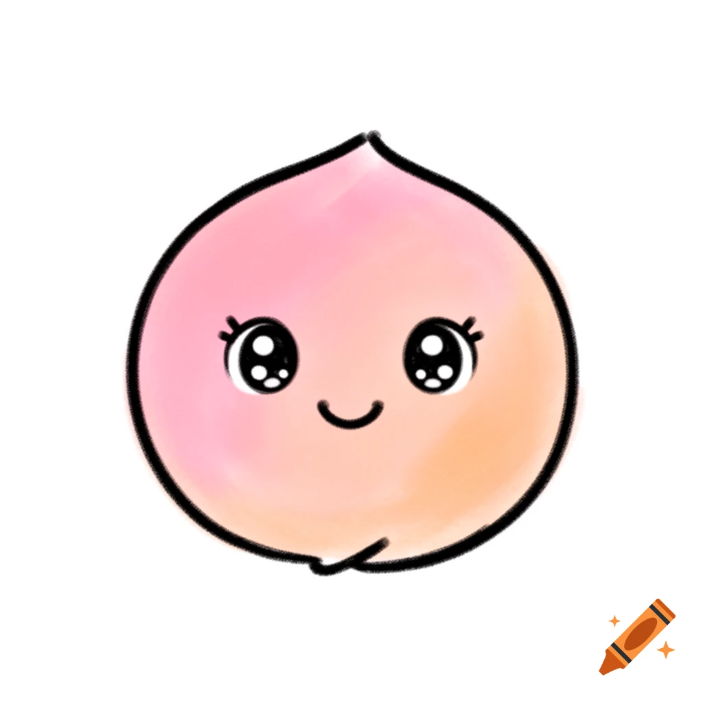 A cute, smiling cartoon peach with large anime eyes, drawn in a simple, pastel kids' style.