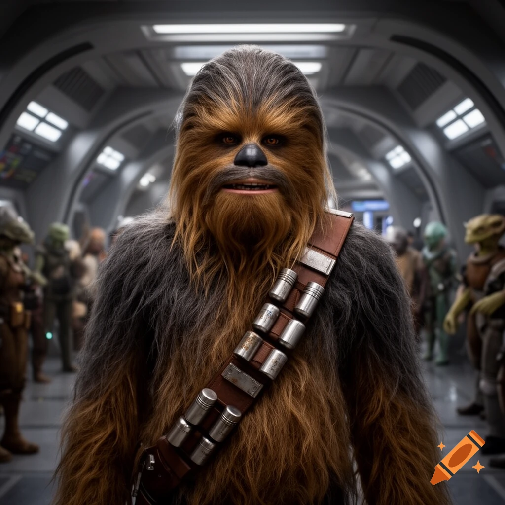 A photorealistic close-up of Chewbacca in a spaceship corridor, with other aliens blurred in the background.