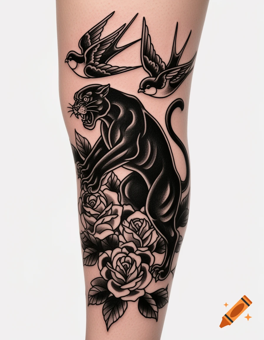 A black traditional tattoo on a leg featuring a snarling panther, roses, and two swallows.
