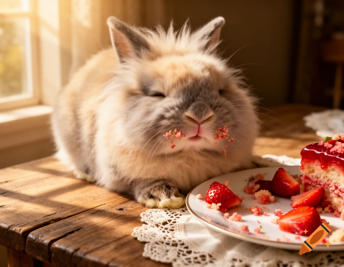 A fluffy bunny with crumbs on its face sits next to a plate of strawberry cake and strawberries on a wooden table.
