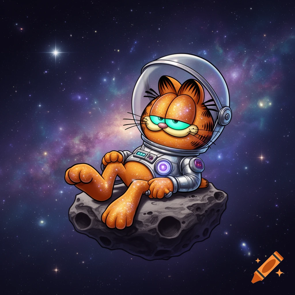 Cartoon Garfield wearing an astronaut suit, relaxing on an asteroid in a star-filled galaxy.