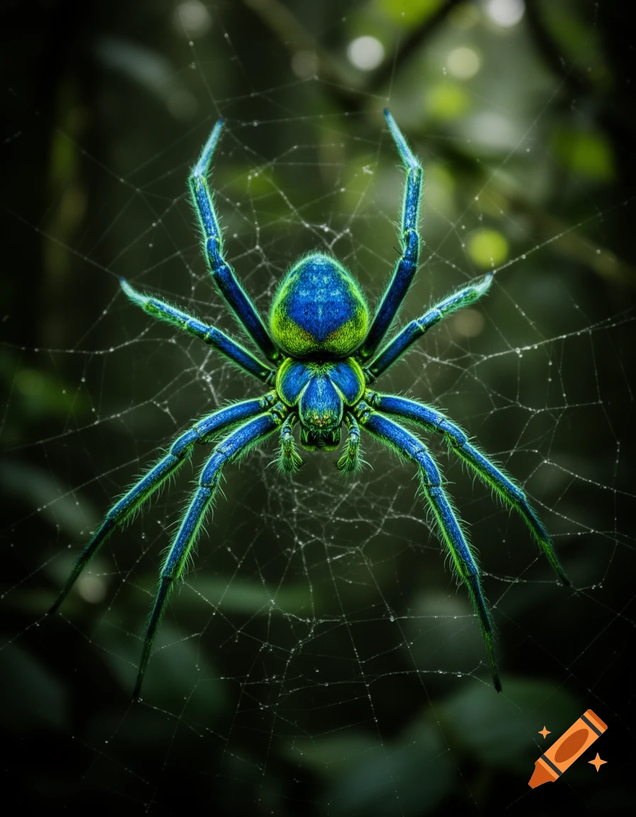 A vibrant blue and green spider on a detailed web against a dark, blurred forest background.
