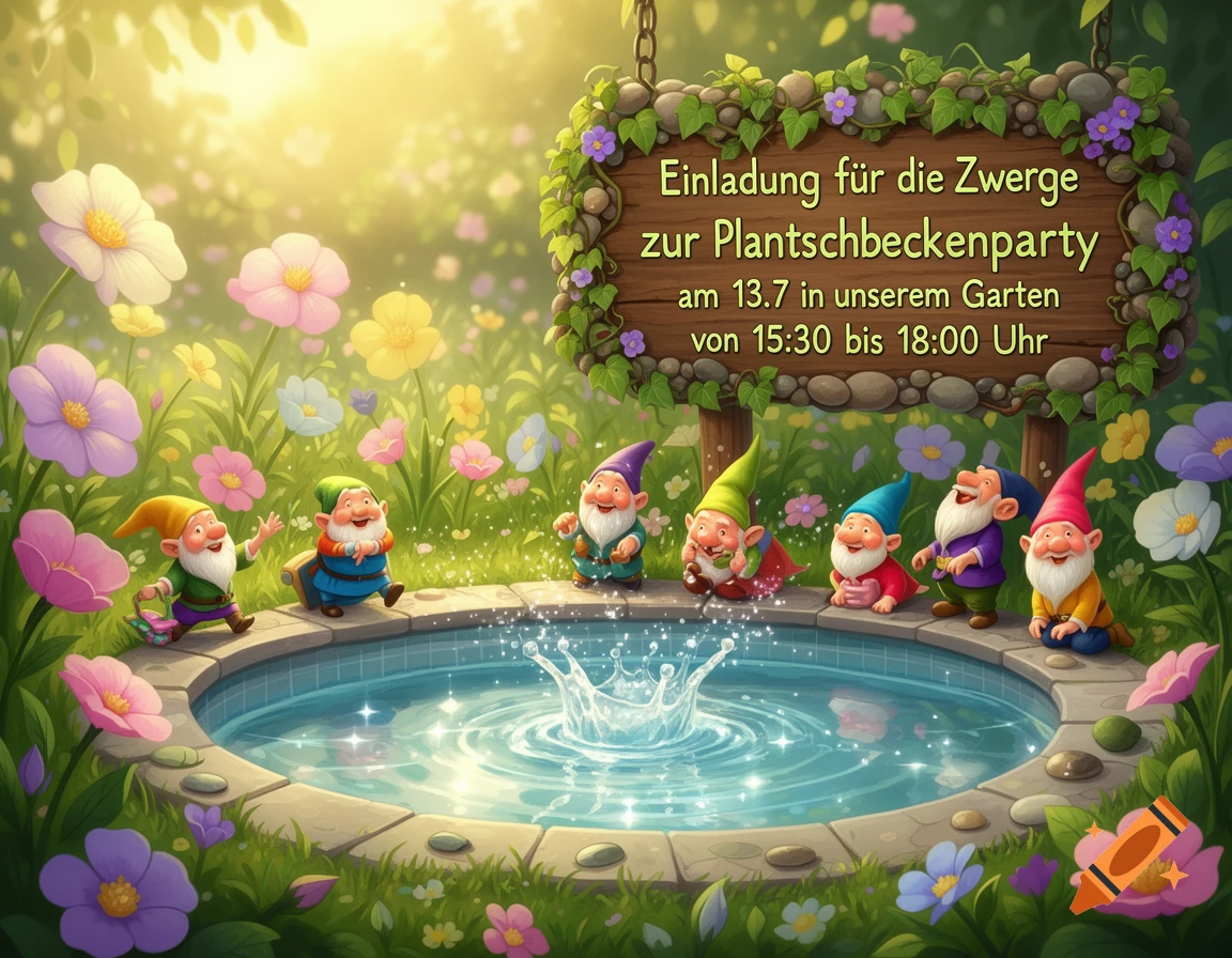 Cartoon gnomes around a splashing pool in a sunny garden with colorful flowers and an invitation sign.