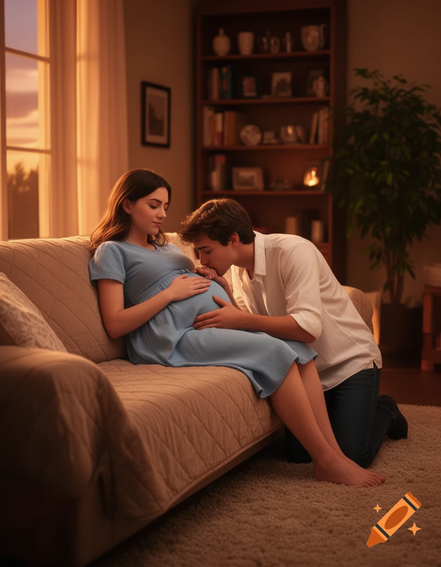 A man kneels and kisses a pregnant woman's stomach as she sits on a couch in a warm-lit living room.