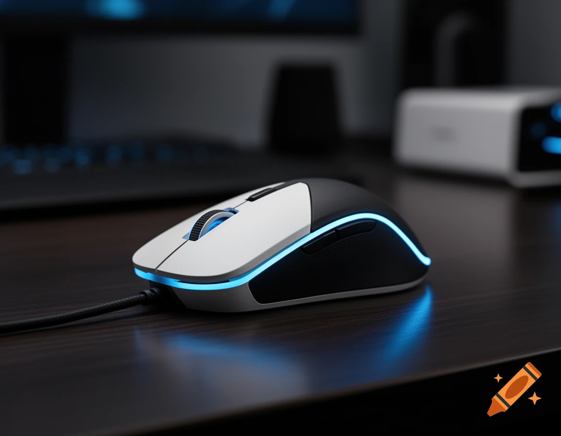 A white and black computer mouse with glowing blue LED accents rests on a dark wooden desk.