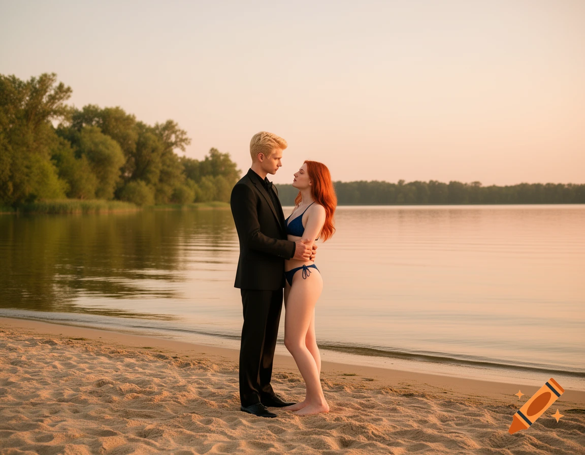 Young blond man in a black suit embraces a red-haired woman in a dark blue bikini on a sandy lake beach at sunset.