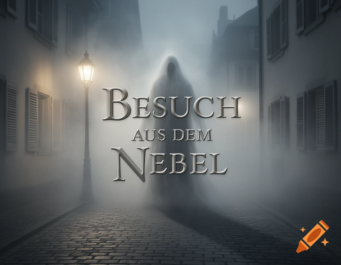 A mysterious cloaked figure stands in a foggy, dark cobblestone alley lit by a street lamp, with the text 'BESUCH AUS DEM NEBEL' overlaid.