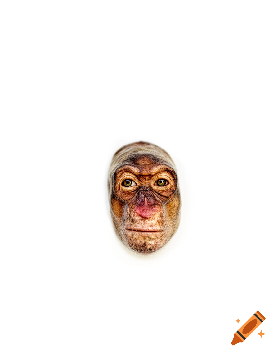 Close-up, photorealistic view of a chimpanzee's face with brown fur and expressive eyes, against a stark white background.