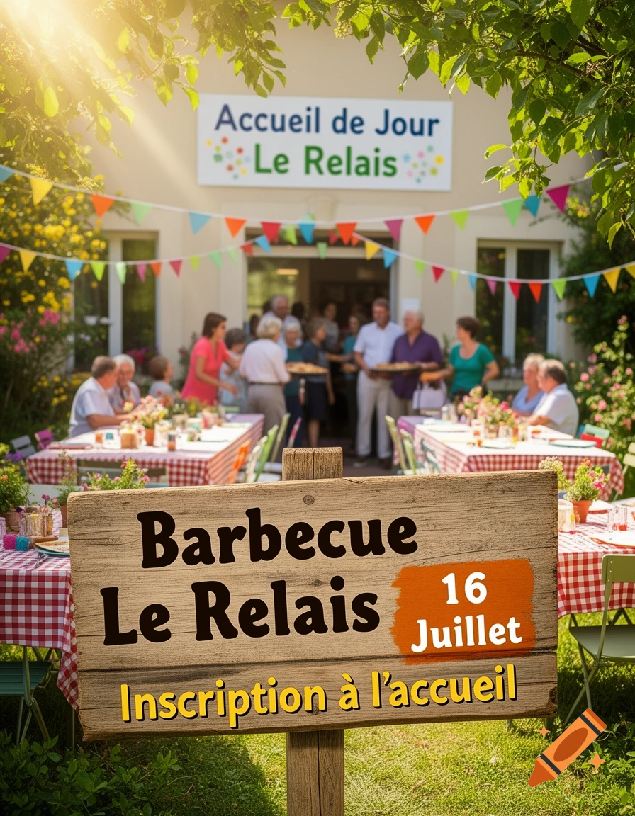 A lively outdoor barbecue event with people gathering around tables and a prominent sign announcing 'Barbecue Le Relais 16 Juillet Inscription à l'accueil'.