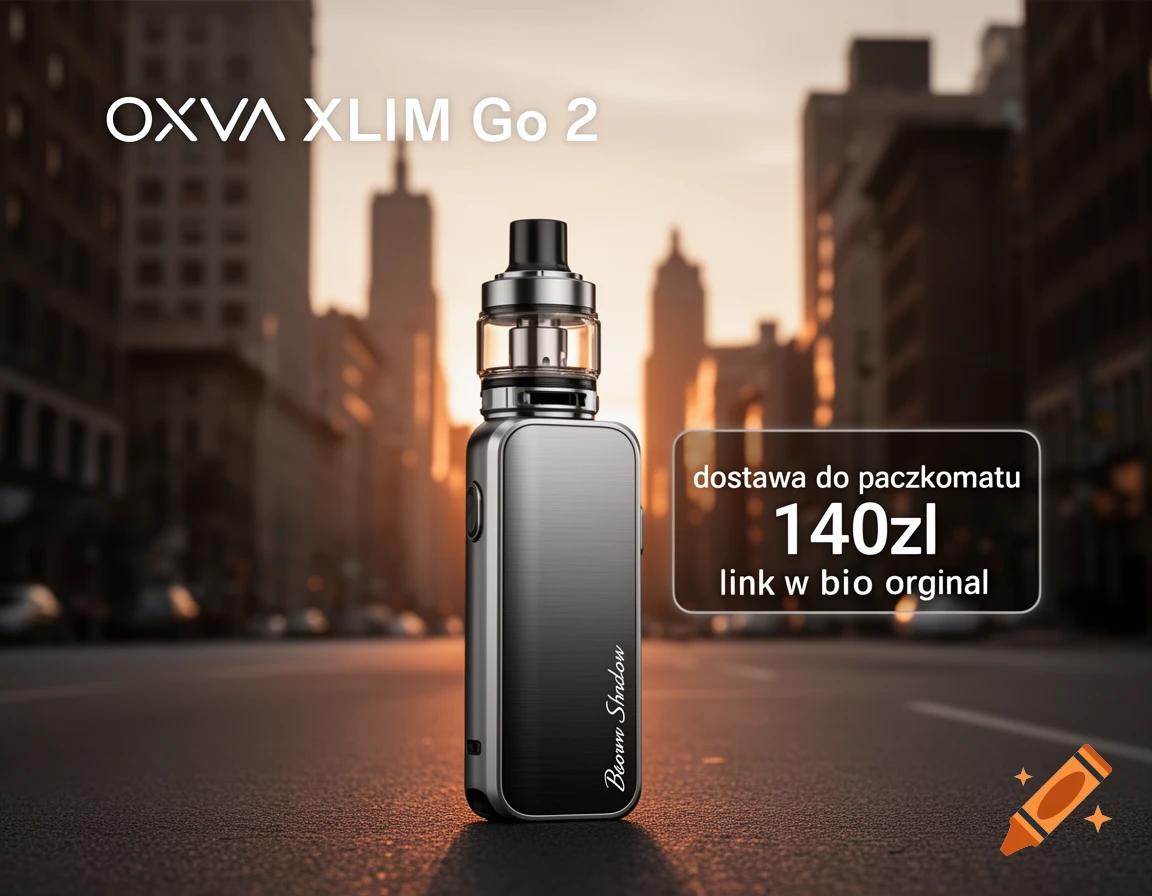 A close-up of a silver OXVA XLIM Go 2 vaping device on an urban street at sunset, with promotional text.