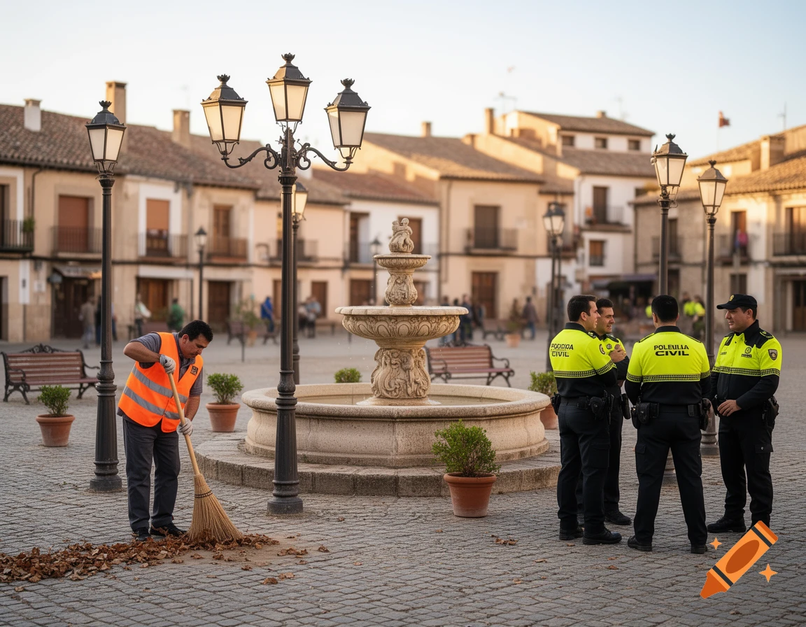 A street sweeper sweeps leaves in a cobblestone town square with a fountain and lampposts. Four police officers stand nearby.