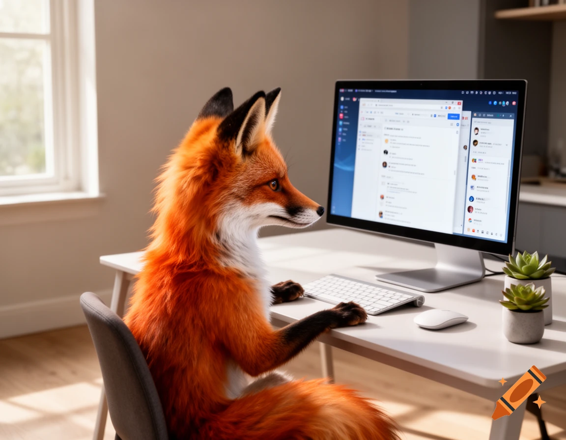 A photorealistic fox with orange fur sits at a desk, focused on a computer monitor displaying an application interface.
