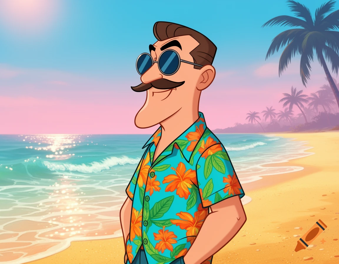 A cartoon man with a mustache and sunglasses, wearing a vibrant Hawaiian shirt, stands on a sandy beach looking towards the ocean.