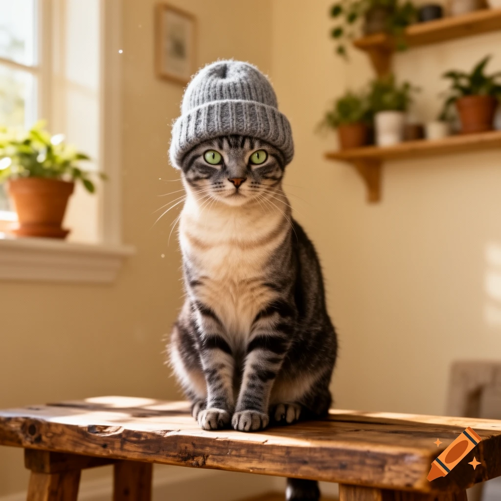 A photorealistic tabby cat with bright green eyes wears a gray beanie, sitting on a wooden bench in a sunlit room with plants.
