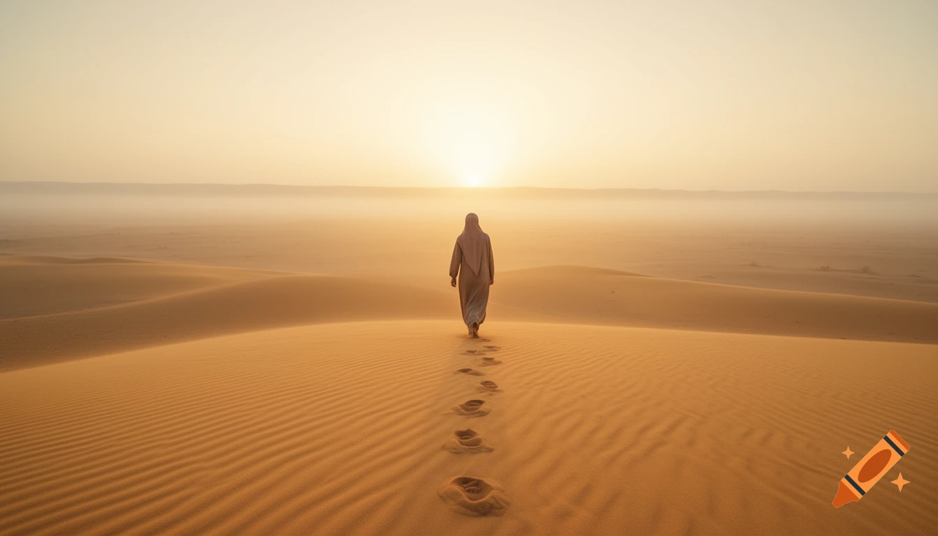 A lone person in modest clothing walks across golden desert dunes at sunrise, leaving footprints in the sand. Photorealistic.