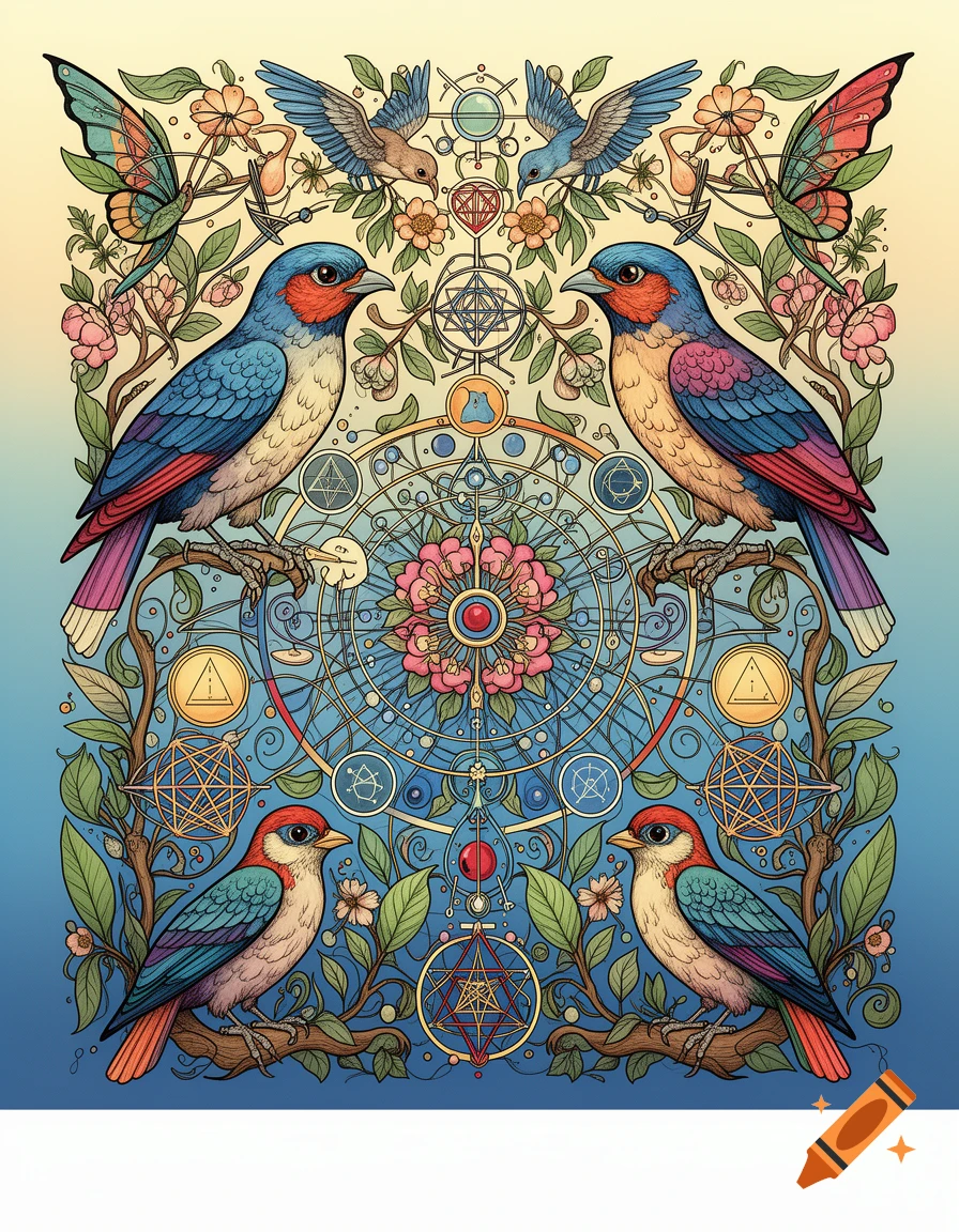 Colorful birds and butterflies intertwined with botanical and geometric mystical symbols, rendered in a detailed lithograph style.