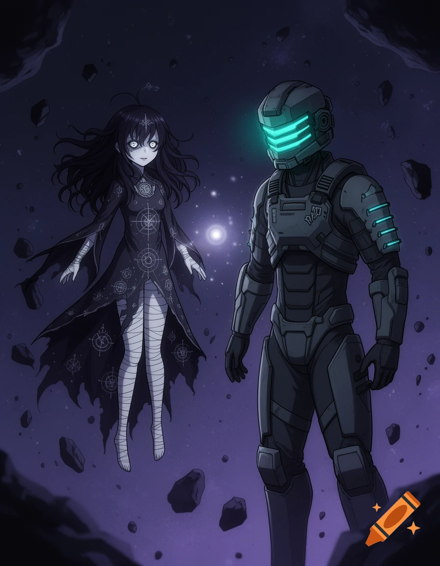 An anime-style girl with dark hair and white eyes floats beside a heavily armored space marine in a dark, asteroid-filled cosmic void.