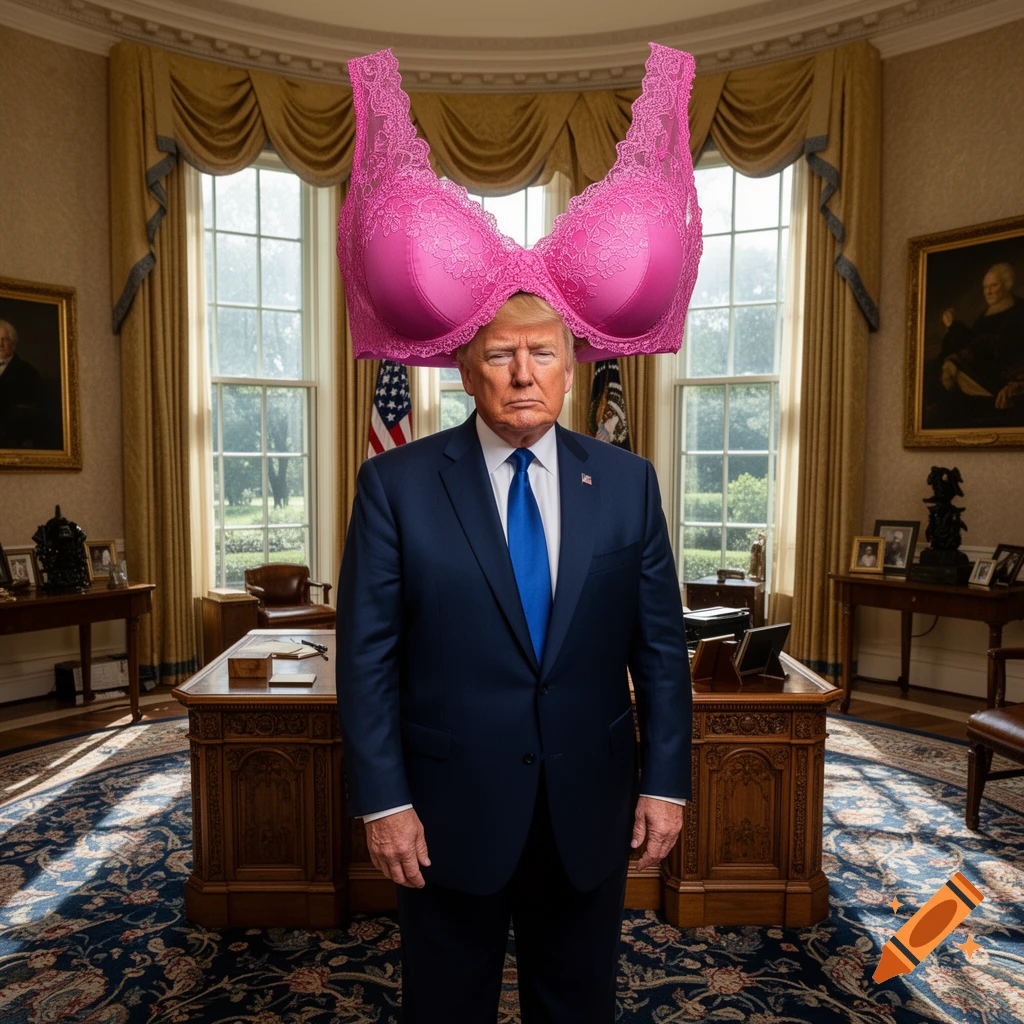 Photorealistic image of Donald Trump in a suit and blue tie, standing in the Oval Office with a large pink lace bra on his head.