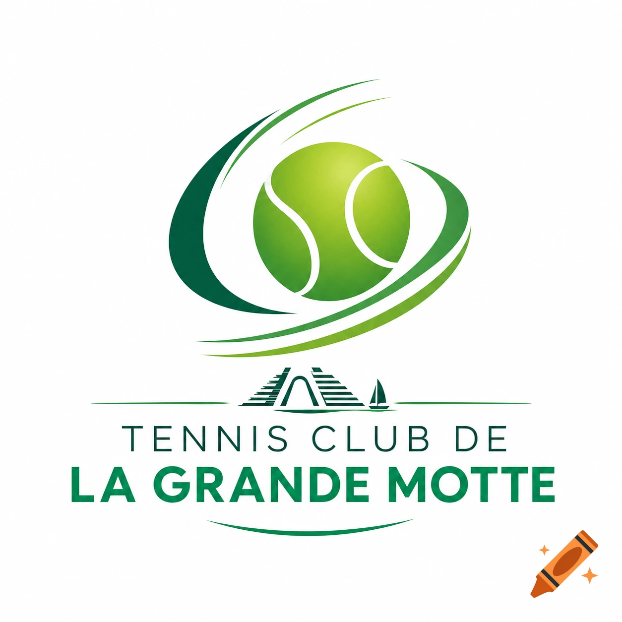 Green logo for Tennis Club de la Grande Motte with a tennis ball, abstract swirls, and a small landscape silhouette.