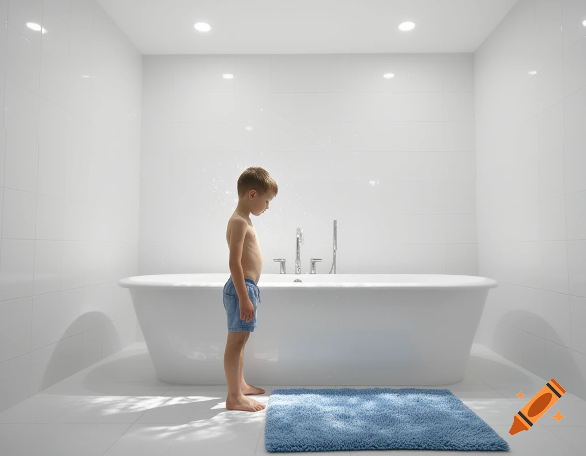 A young boy in blue shorts stands beside a white bathtub with a blue bath mat in a brightly lit white bathroom.