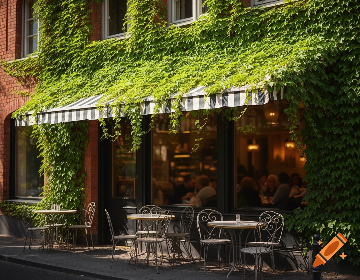 A photorealistic image of a cafe exterior covered in lush green ivy, with a striped awning and outdoor tables.