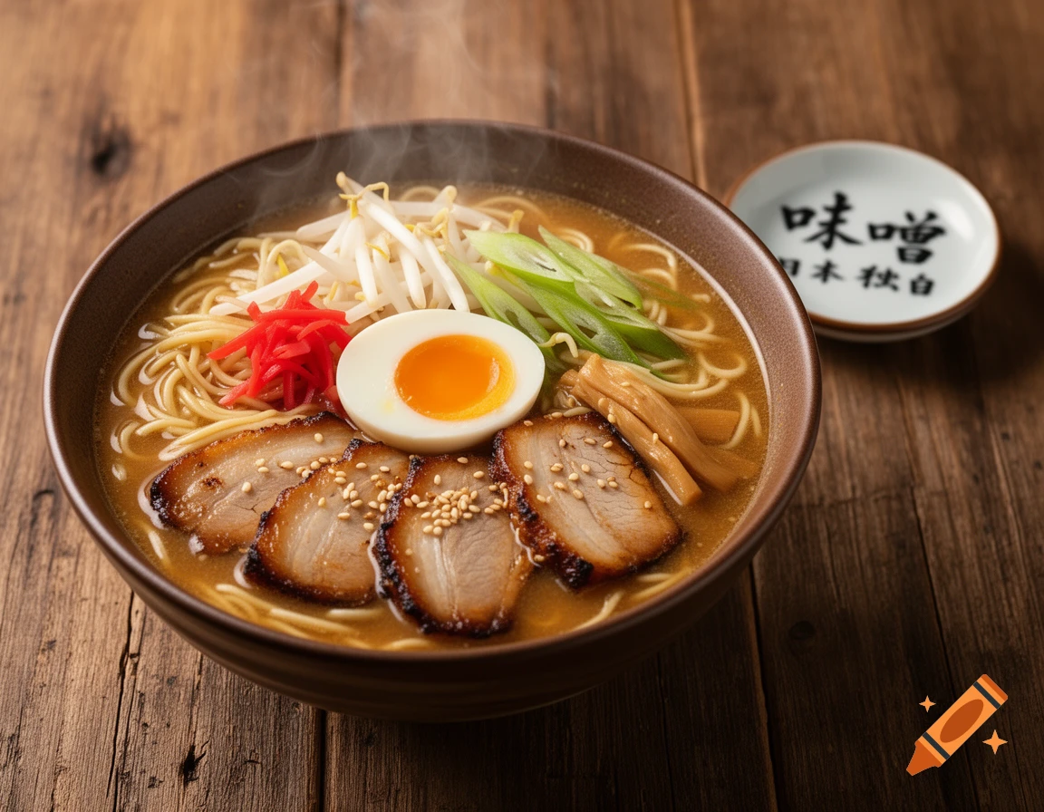 A steaming bowl of miso ramen with chashu pork, soft-boiled egg, bean sprouts, red ginger, and green onions on a wooden table, photorealistic.
