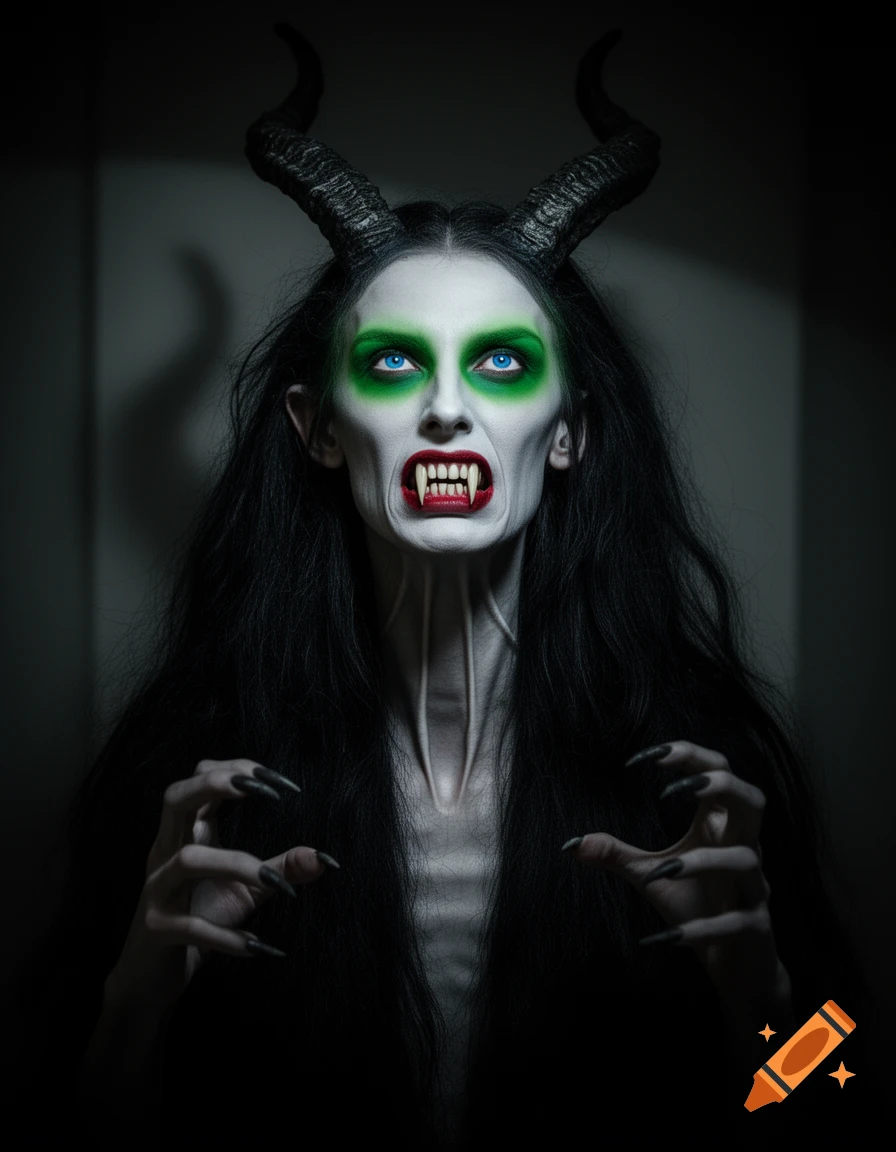 A pale-skinned creature with black horns, green eye makeup, fangs, and clawed hands looks upwards in a dark setting.