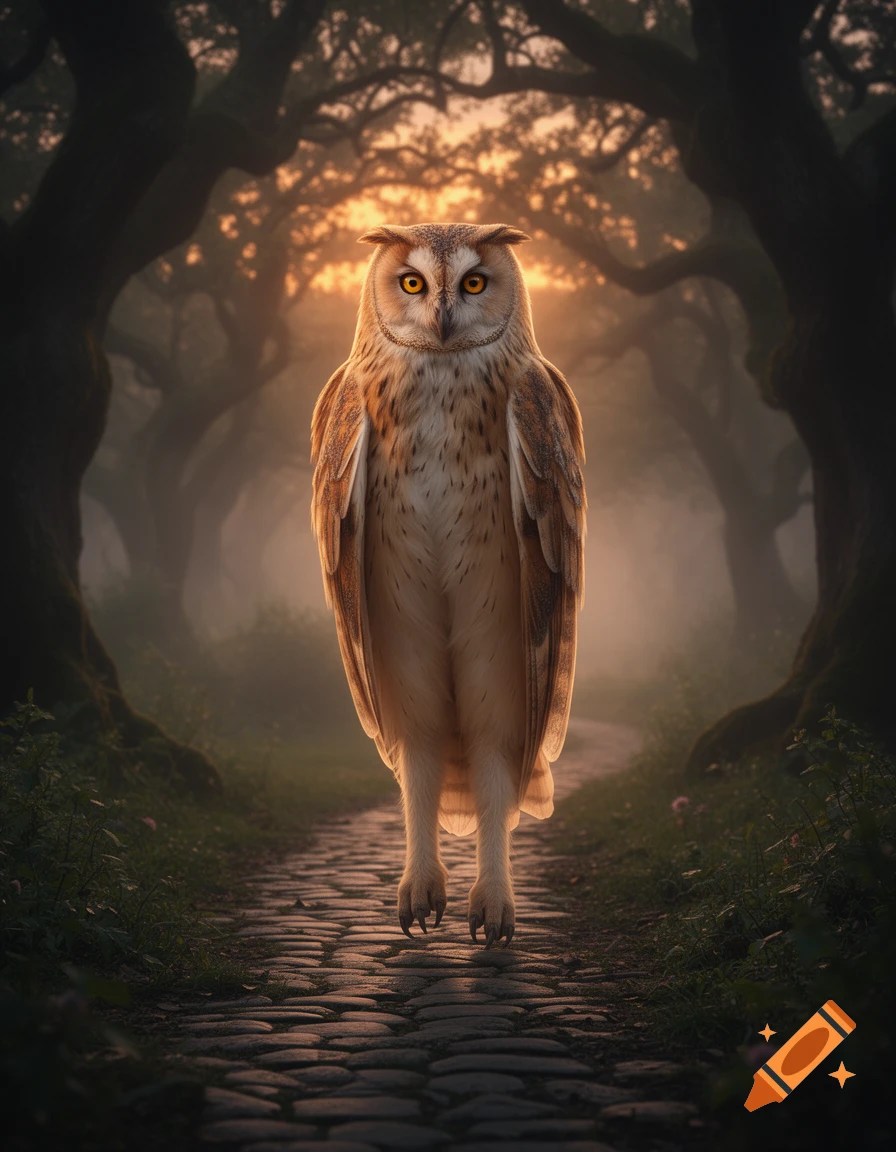 A tall, majestic owl stands upright on a cobblestone path in a misty, enchanted forest, illuminated by a warm glow.