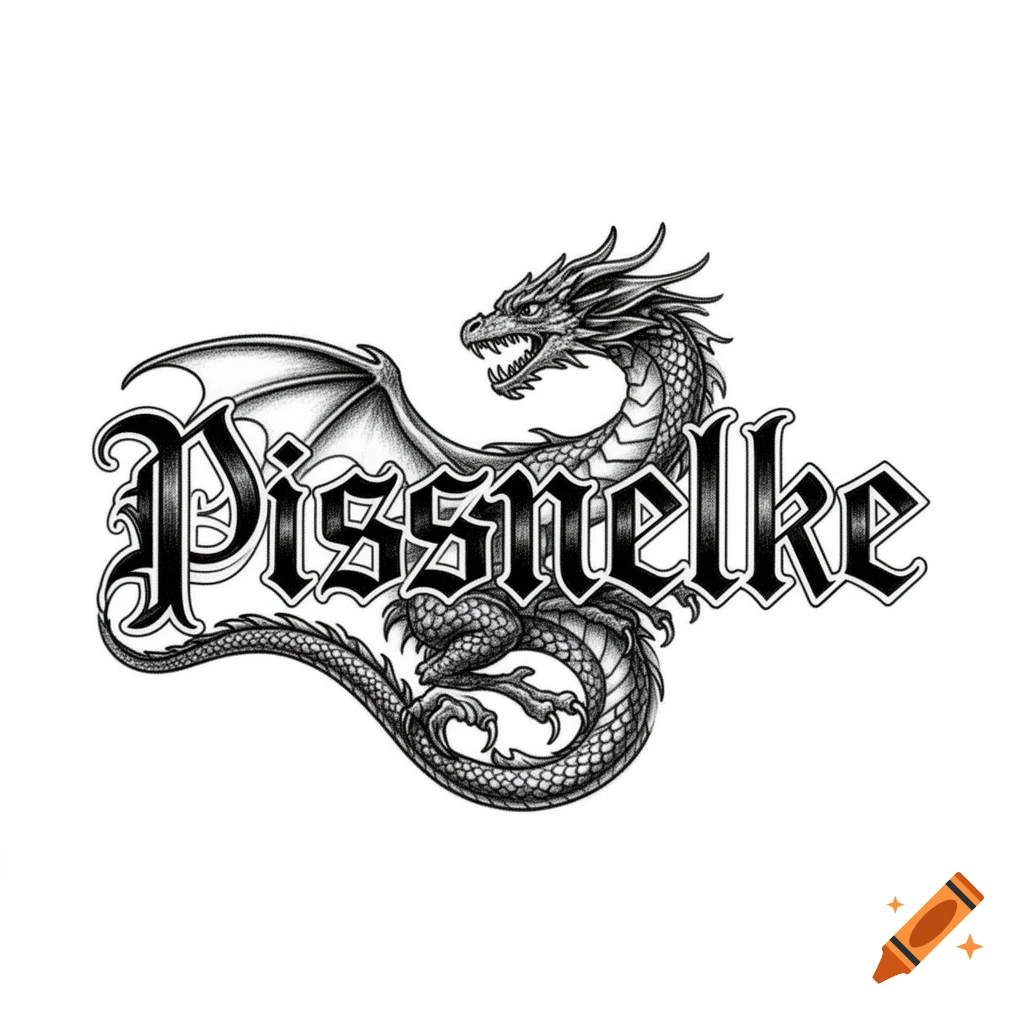 Black and white sketch of a dragon with large wings wrapped around the gothic text 'Pissnelke'.