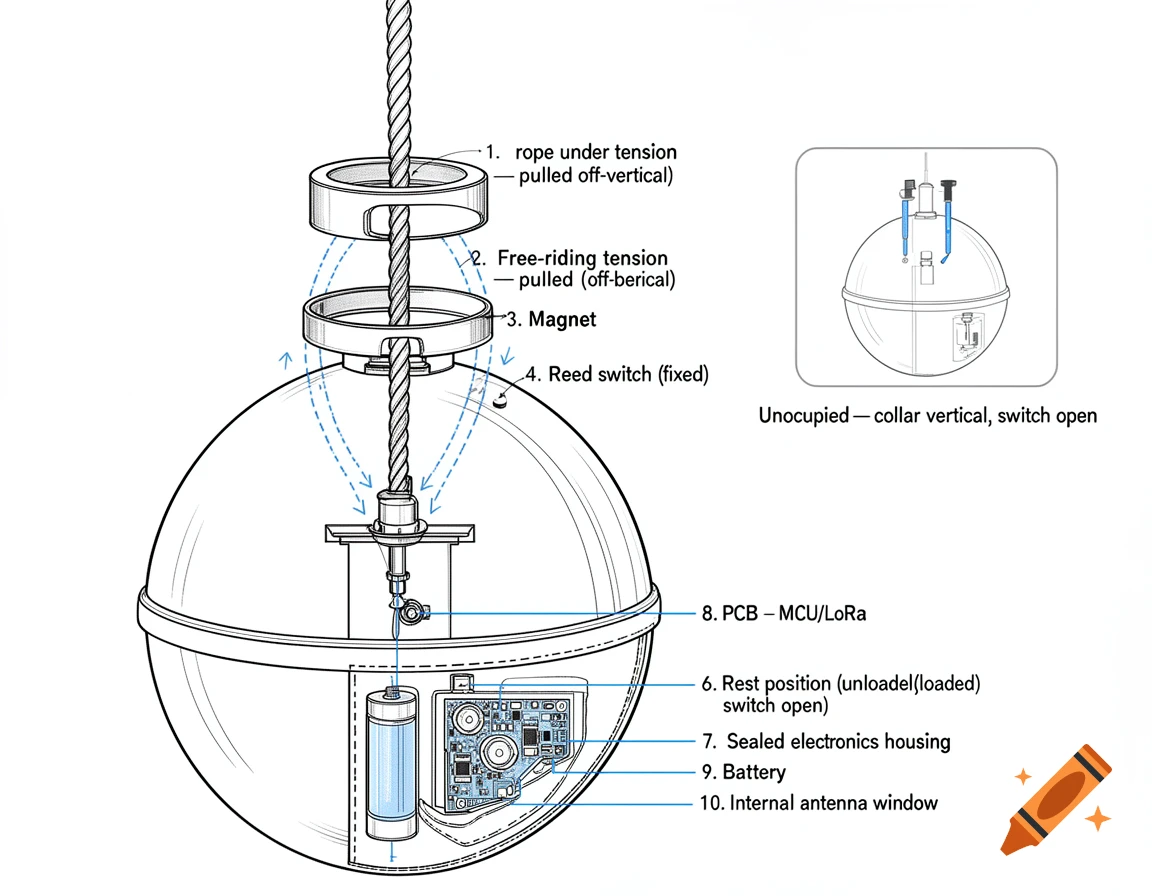 A technical patent-style illustration of a spherical buoy's sensor module, showing a rope, magnet, reed switch, and internal electronics with numbered callouts.