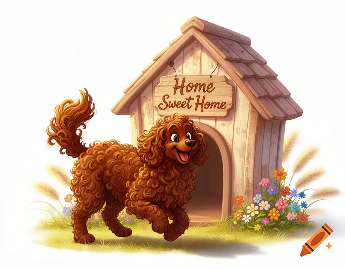 A happy brown curly-haired cartoon dog stands next to a dog house with a 'Home Sweet Home' sign, surrounded by colorful flowers and grass.