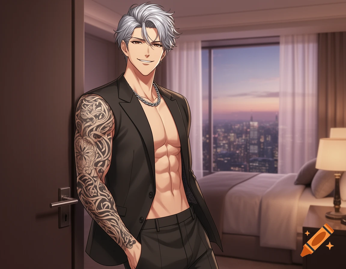 Anime-style man with silver hair, full arm tattoo, and muscular torso, smiling in an open vest in a bedroom with a city view.
