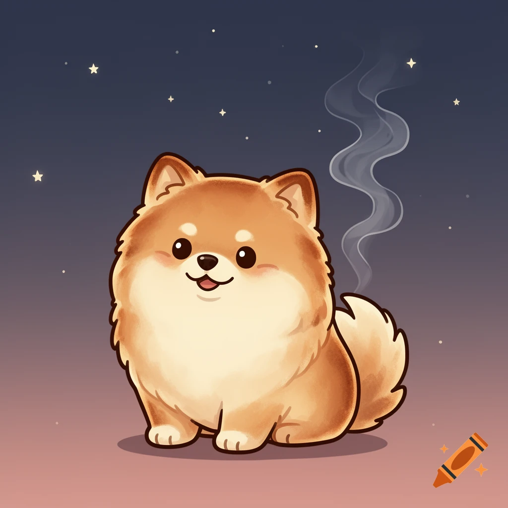 A cute cartoon Pomeranian-shaped toasted marshmallow emits steam under a starry night sky.